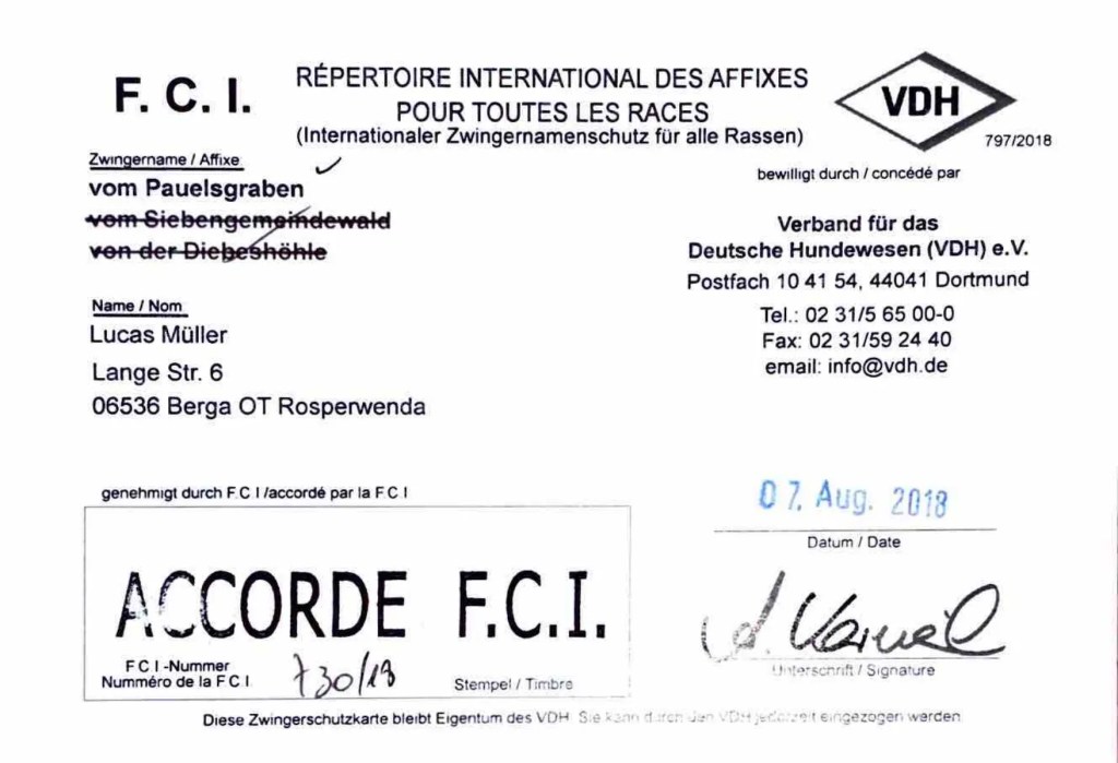 Úplné potvrzení FCI o mezinárodně chráněném názvu chovatelské stanice vom Pauelsgraben