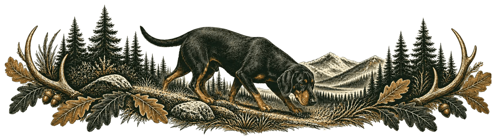 Illustratives Jagdmotiv mit suchendem Gończy Polski vor Wald- und Bergkulisse, eingerahmt von Eichenlaub und Geweih