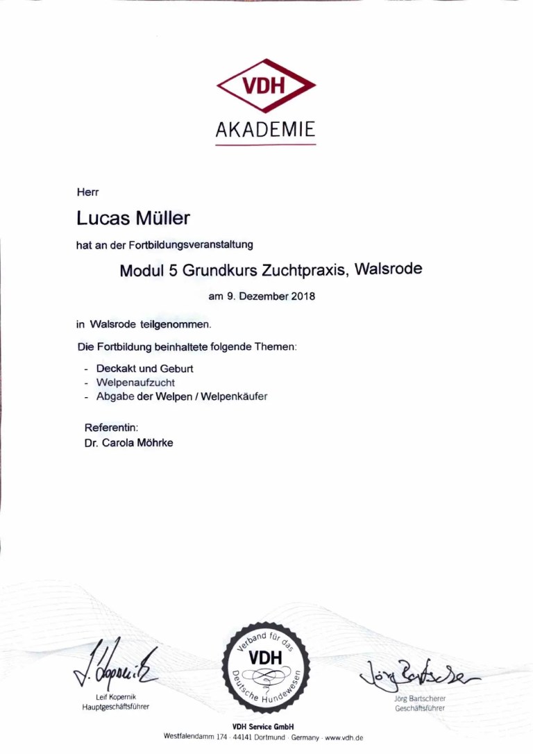 Úplné osvědčení VDH-Akademie o absolvování modulu 5, základního kurzu chovatelské praxe