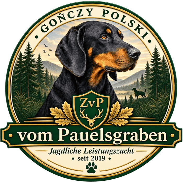 Wappen der Gończy-Polski-Zucht vom Pauelsgraben mit Hund, Wald, Eichenlaub und dem Jahr 2019